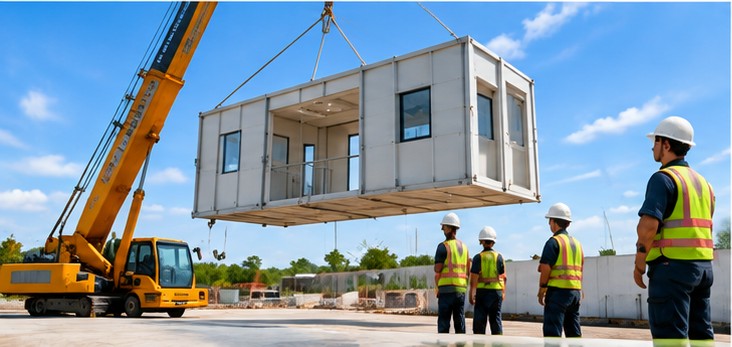 Prefabricated building module being installed by crane on site